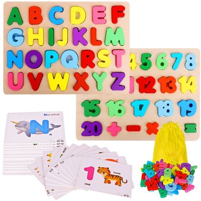 Alphabet Puzzle & ABC Wooden Puzzle Set: Number Game, Flash Cards, & Storage Bag Bundle