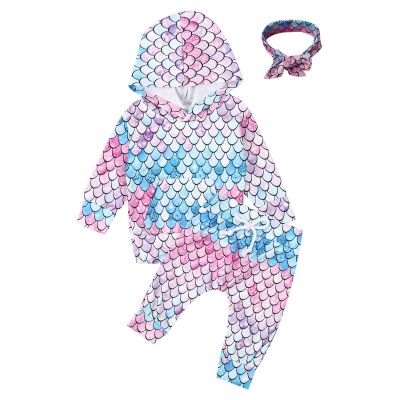 Kaerm Toddler Baby Girls 3 Pcs Colorful Fish Scale Hoodie Top with Pants Headband Sportwear Set Performance Party PinkPurple 12-18 Months