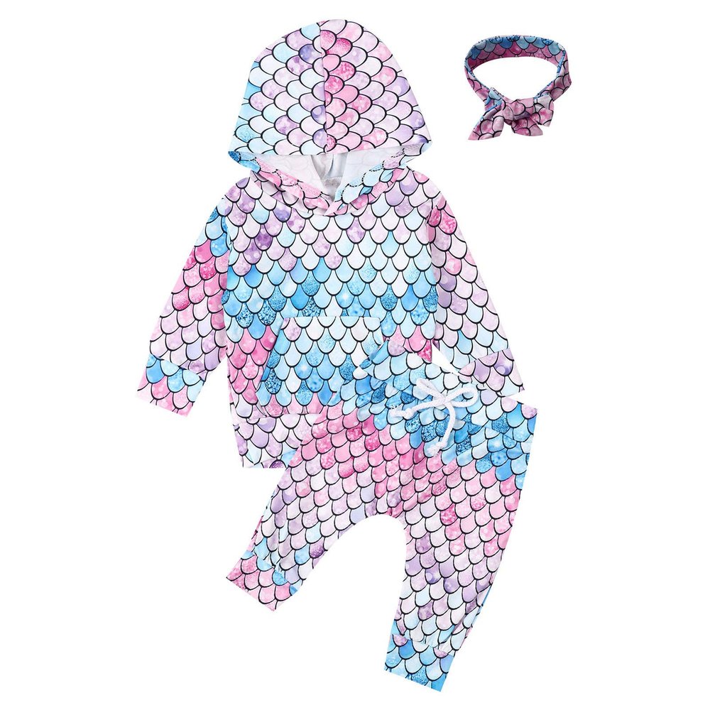 Kaerm Toddler Baby Girls 3 Pcs Colorful Fish Scale Hoodie Top with Pants Headband Sportwear Set Performance Party PinkPurple 12-18 Months