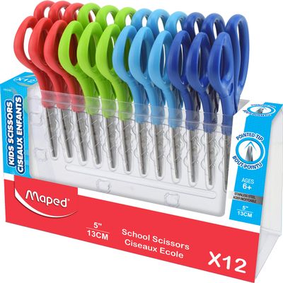 Maped Essentials School Scissors, 5 Inch, Pointed, School Pack of 12, Assorted Colors (480249)