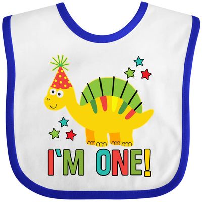 inktastic Dinosaur First Birthday 1 Year Old Baby Bib White and Royal 3e4ce