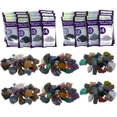 WireJewelry World Stone Mix Rock Tumbler Refill Kit - 3 Lbs. Each of Asia, Brazil and Madagascar Stone Mixes and 6 Batches of 4 Step Abrasive Grit and Polish