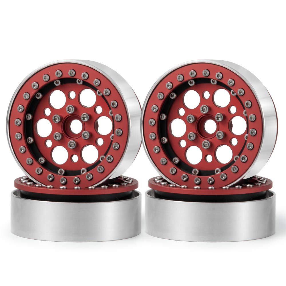 Aluminum Alloy 2.2" Beadlock Wheel Rims for 1/10 RC Rock Crawler Wraith TRX4 SCX10 D90, 4Pcs (Red & Black)