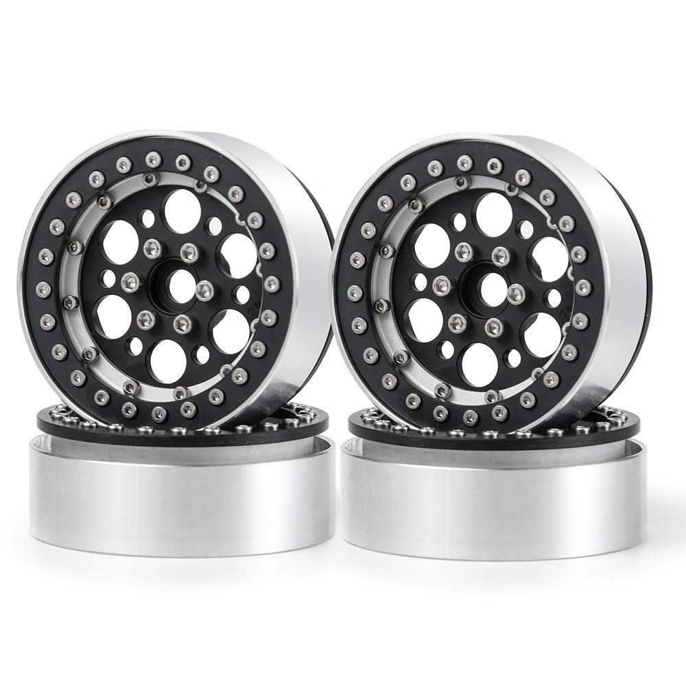 Aluminum Alloy 2.2" Beadlock Wheel Rims for 1/10 RC Rock Crawler Wraith TRX4 SCX10 D90, 4Pcs (Black & Silver)