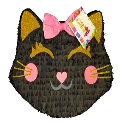 Large 20" Purrfect Party Kitty Cat Head Piata Black & Gold Color Let's Pawty Purrfect Birthday