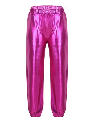 YEAHDOR Kids Girls Boys Sequins Hip Hop Jazz Dance Costumes Street Dance Pants Competition Trousers Metallic Rose_Red 8-10