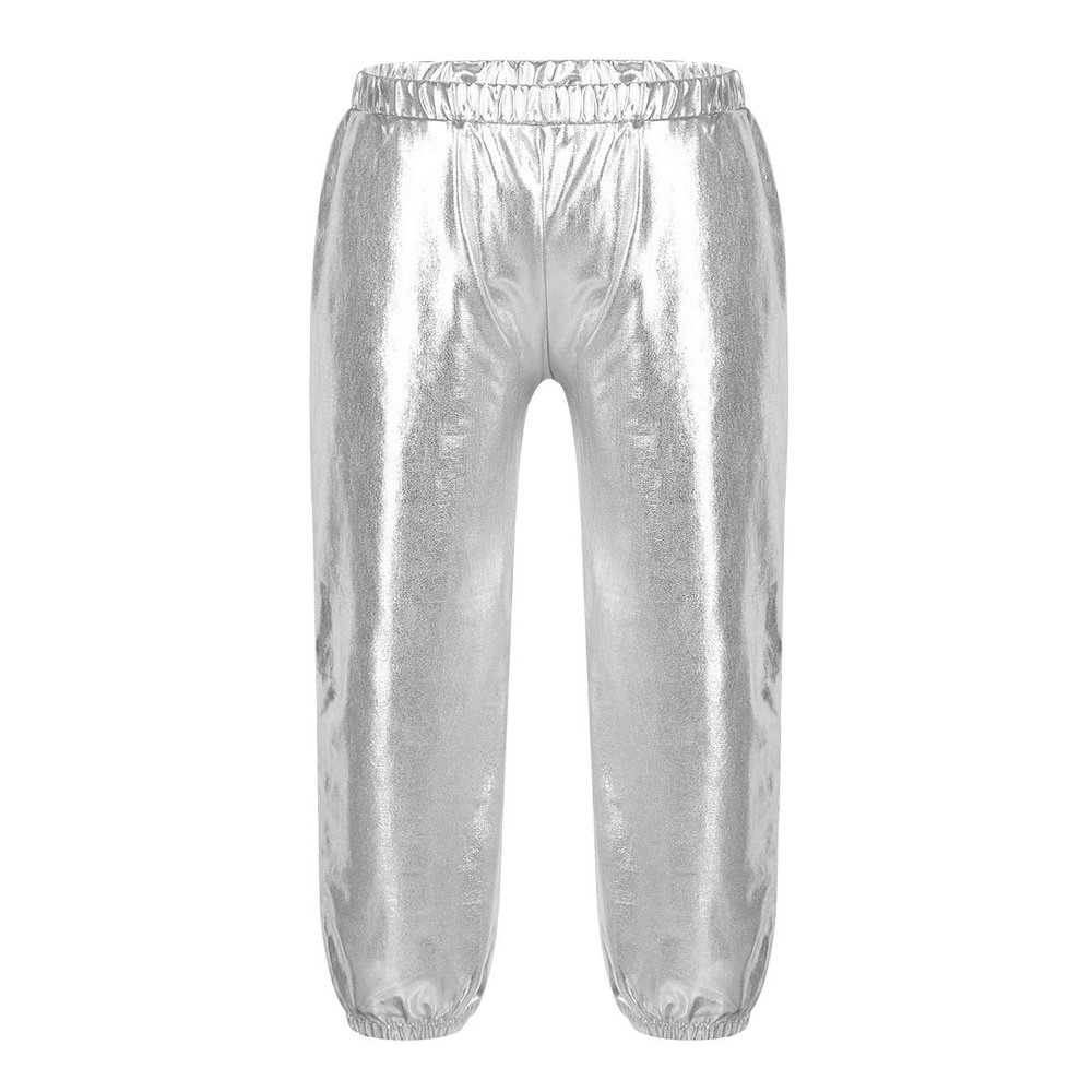YEAHDOR Kids Girls Boys Sequins Hip Hop Jazz Dance Costumes Street Dance Pants Competition Trousers Metallic Silver 12-14