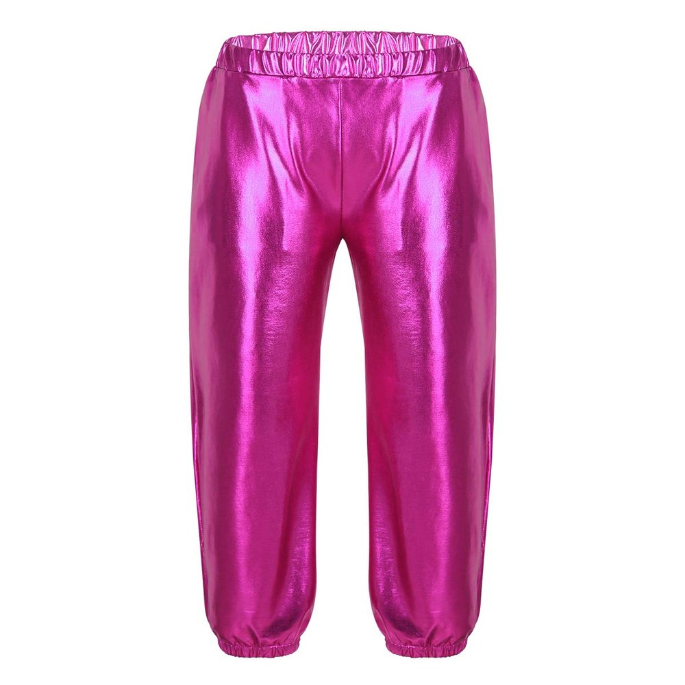 YEAHDOR Kids Girls Boys Sequins Hip Hop Jazz Dance Costumes Street Dance Pants Competition Trousers Metallic Rose_Red 5-6