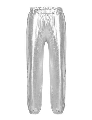 YEAHDOR Kids Girls Boys Sequins Hip Hop Jazz Dance Costumes Street Dance Pants Competition Trousers Metallic Silver 8-10