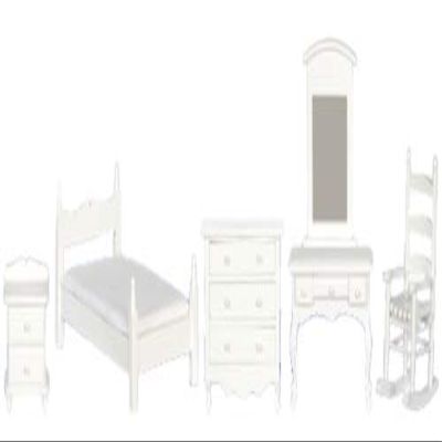 Dollhouse White Wood Single Bedroom Furniture Set Miniature with Rocking Chair