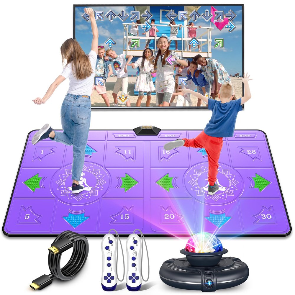 FWFX Exercise Mat for Home Workouts - Interactive Dance Game Mat Connects to TV, 2-Player Kids Party Interactive Games, Active Sports & Yoga Mat for Adults & Family Fitness, Fun (Purple)