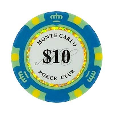 10 Ten Dollar Monte Carlo Smooth 14 Gram Poker Chips - 100 Poker Chips (Blue Green)