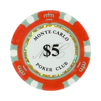 5 Dollar Monte Carlo Smooth 14 Gram Poker Chips - 100 Poker Chips (Red)