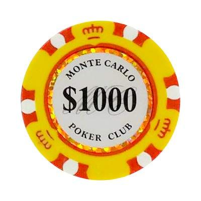 1000 One Thousand Dollar Monte Carlo Smooth 14 Gram Poker Chips - 100 Poker Chips (Yellow)