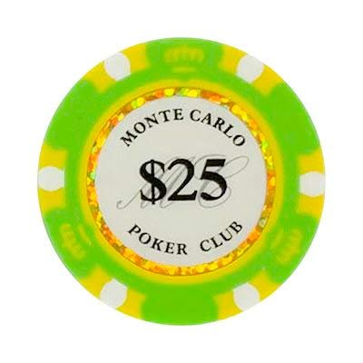 25 Twenty Five Dollar Monte Carlo Smooth 14 Gram Poker Chips - 100 Poker Chips (Green)