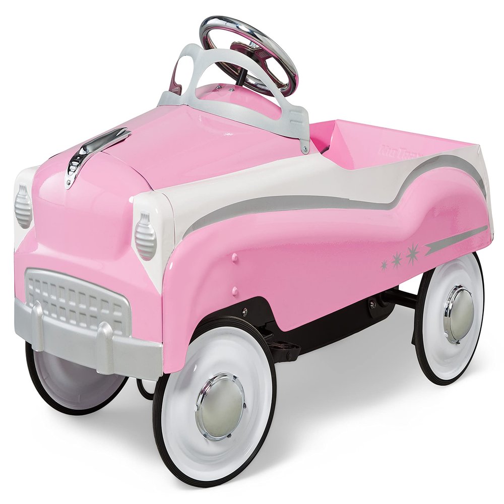 Kid Trax Classic Pink Pedal Car for Girls, Ages 3-5, Durable Steel, 60lbs Max, Easy Assemble, Indoor/Outdoor Ride-On Toy, Toddler Ride-On, Vintage Style, Rubber Tires, Functional Steering