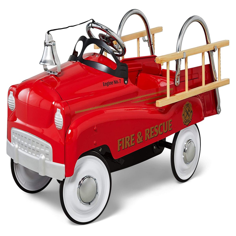 Kid Trax Fire Truck Pedal Car for Toddlers, Ages 3-5, Easy Assembly, Durable Steel, Indoor/Outdoor Ride-On, 60lbs Max, Classic Style, Functional Steering, Red, Kids Fire Truck Ride-On, Vintage