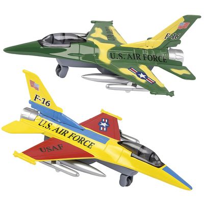 ArtCreativity Diecast F-16 Jets with Pullback Mechanism, Set of 2, 7.5 inches Diecast Metal Jet Plane Fighter Toys for Boys, Air Force Military Cake Decorations, Party Favors, Goodie Bag Fillers