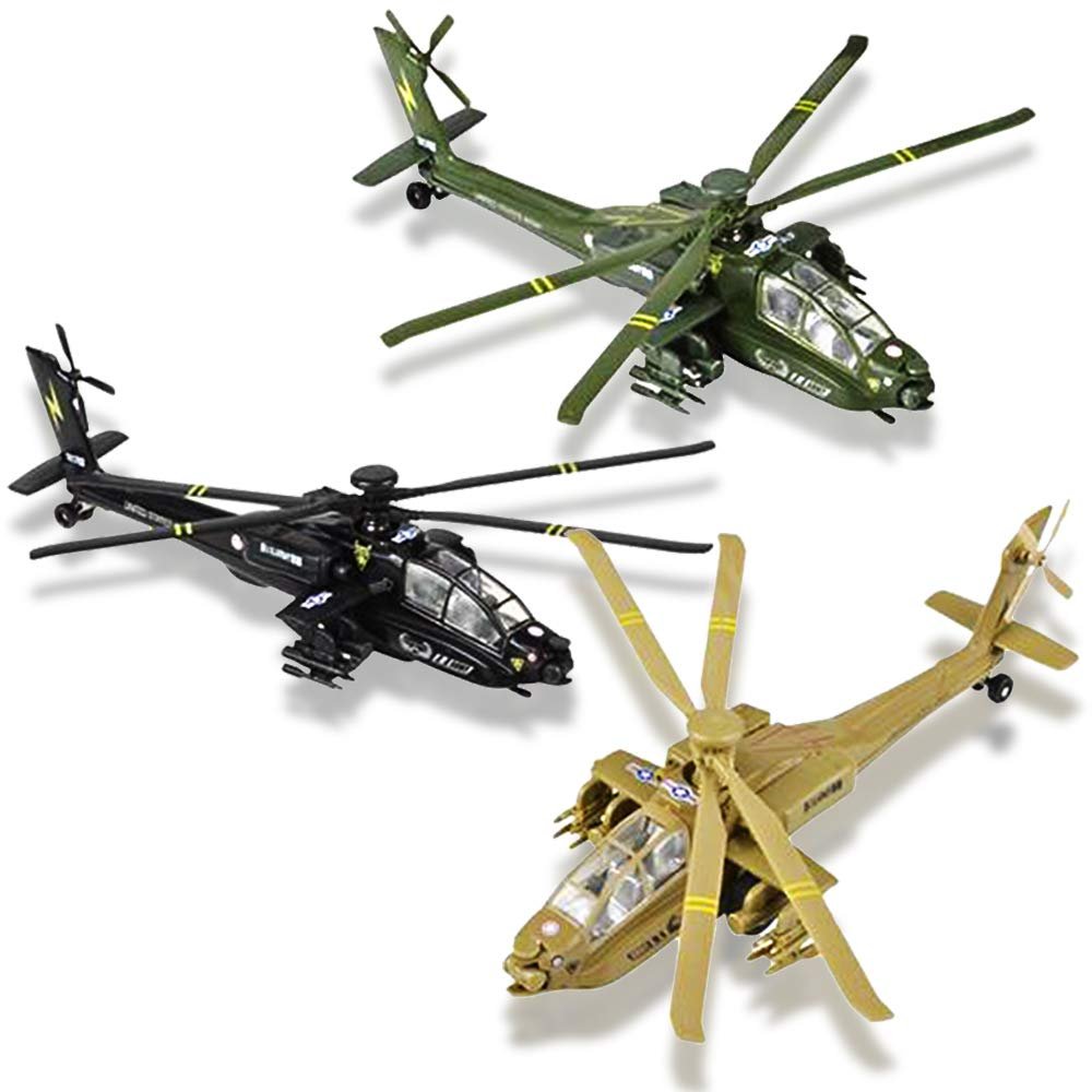 ArtCreativity Diecast Apache Helicopters with Pullback Mechanism, Set of 3, 9 Inches Diecast Toy Choppers with Spinning Propellers, Birthday Party Favors, Goodie Bag Fillers for Kids