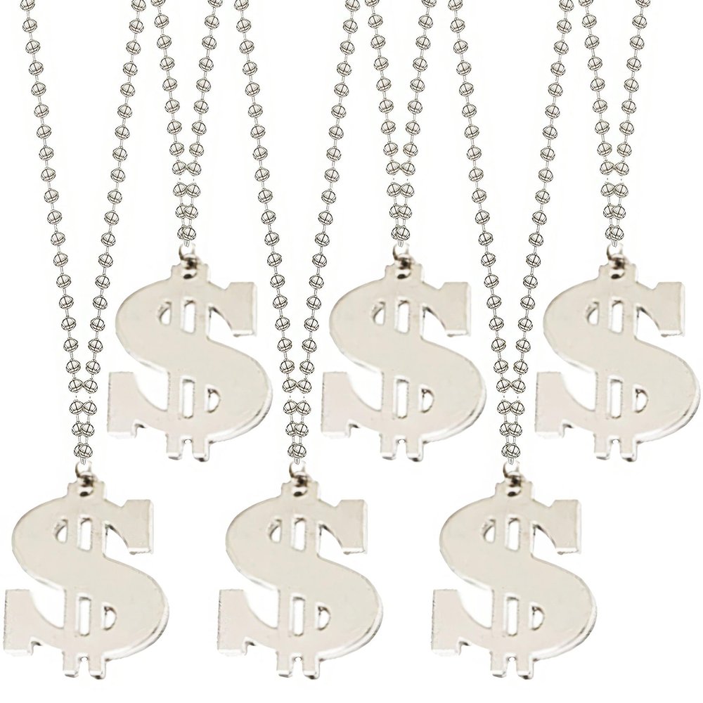 ArtCreativity Dollar Sign Necklaces - 12 Silver Dollar Sign Chains, Hip Hop Rap Costume Jewelry, Money Themed Party Favors & Decorations
