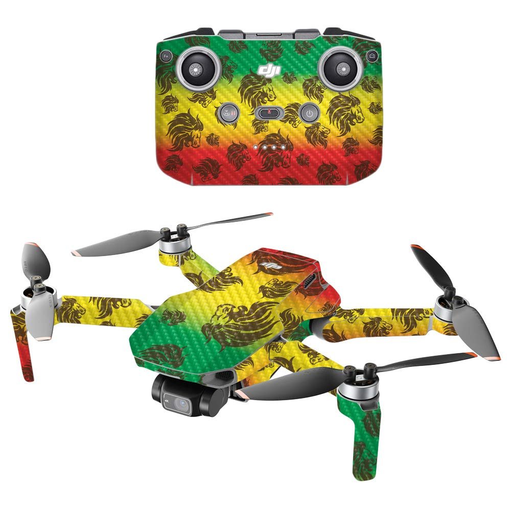 MightySkins Carbon Fiber Compatible with DJI Mini 2 Portable Drone - Rasta Lion | Protective, Durable Textured Carbon Fiber Finish | Easy to Apply and Change Styles | Made in The USA