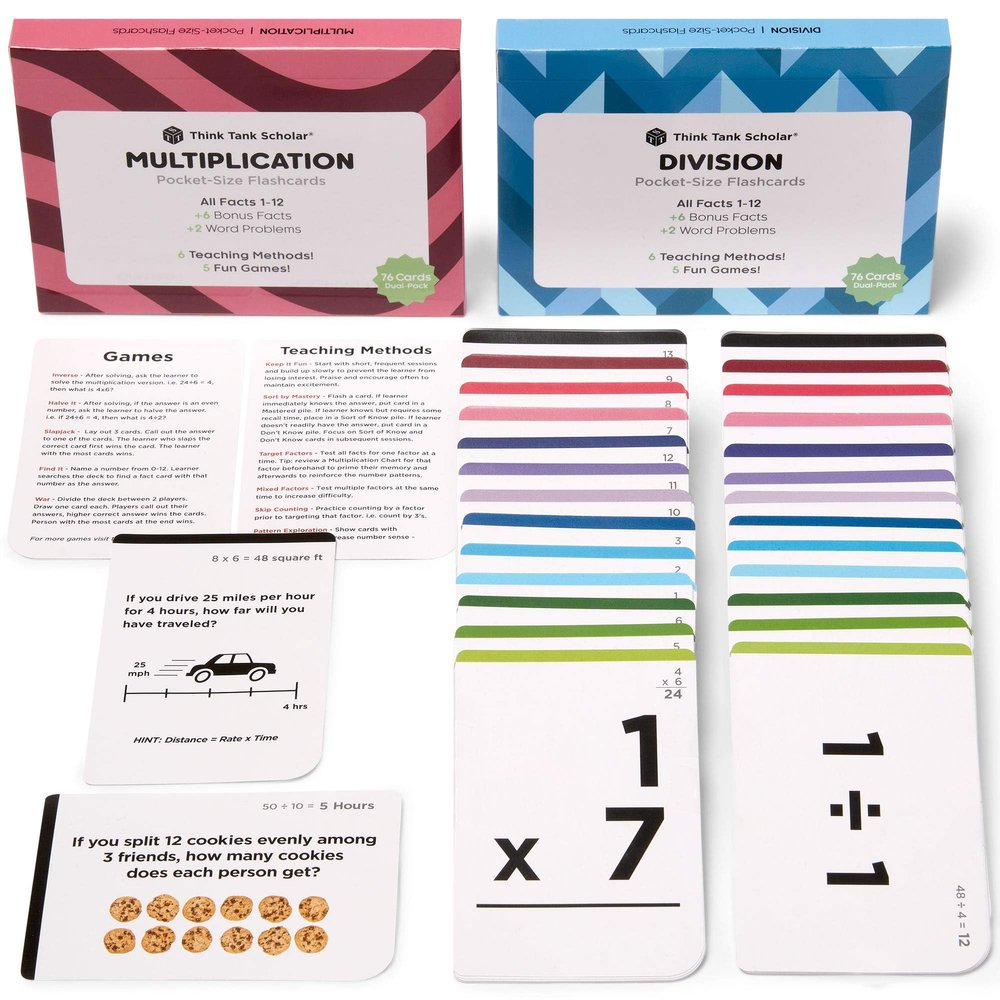 Award-Winning Math Flash Cards 152 Multiplication & Division Facts (112) 2 Facts Per Card with Visual Aids Bonus Word Problems, Games & Durable Cardstock Grades 26