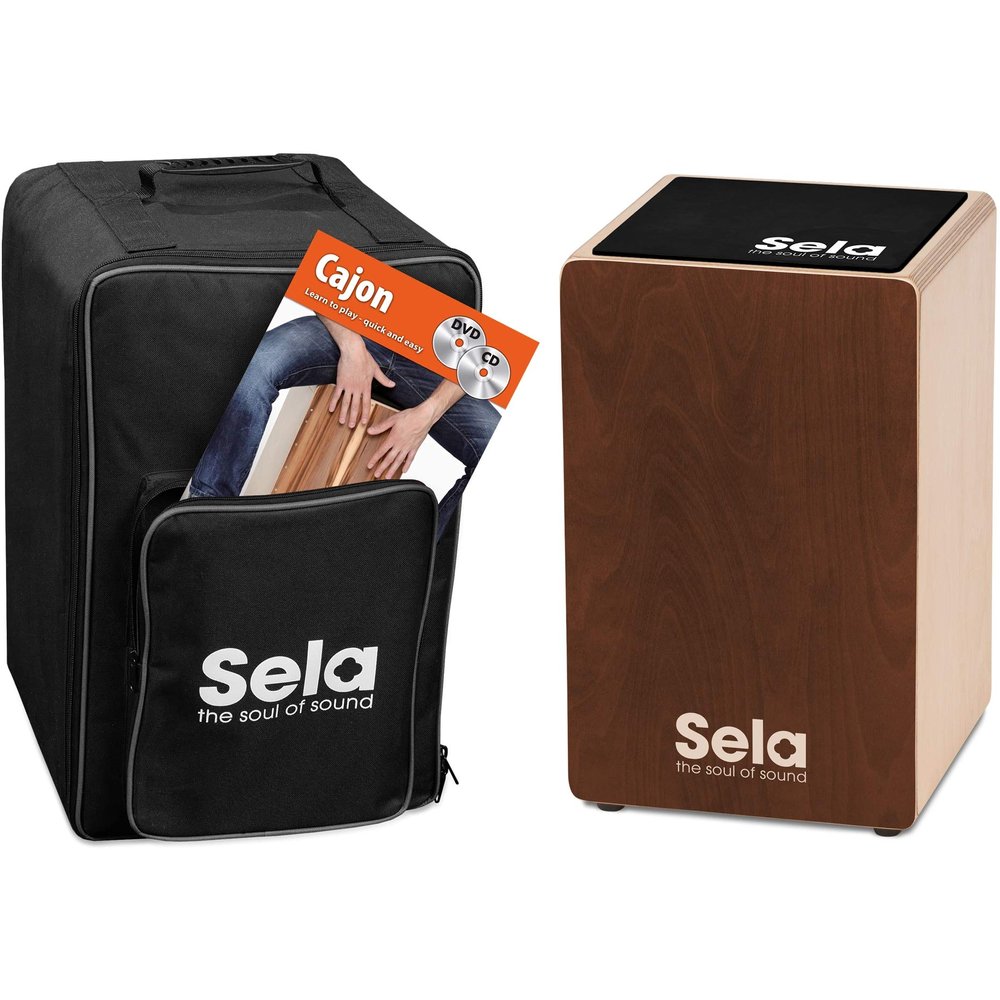 Sela Percussion Birchwood Box Drum Bundle with Internal snares, Includes Cajon Backpack, Sitting pad and Learn to Play Book, Made in Germany, 2 Year Warranty (SE191EN)
