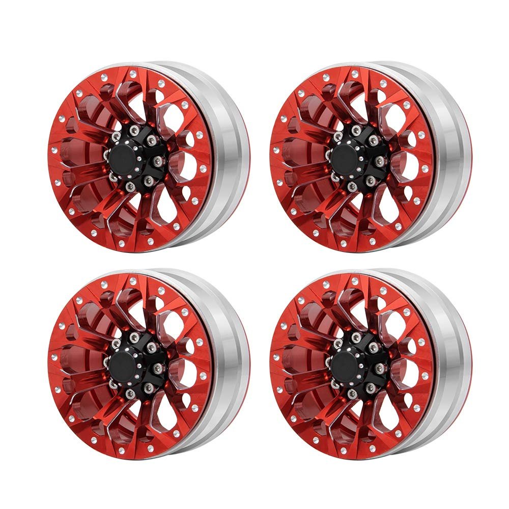 4Pcs 1.9 inch Aluminum Beadlock Wheel Rims for 1/10 Scale AXIAL SCX10 D90 CC01 TRX4 RC Crawler (Red)