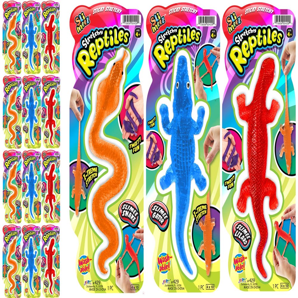 JA-RU Super Stretchy Sticky Reptiles Snake, Lizard & Alligator (12 Packs) Prank Squishy Sticky Toy for Kids, Pinata Filler. 429-12s