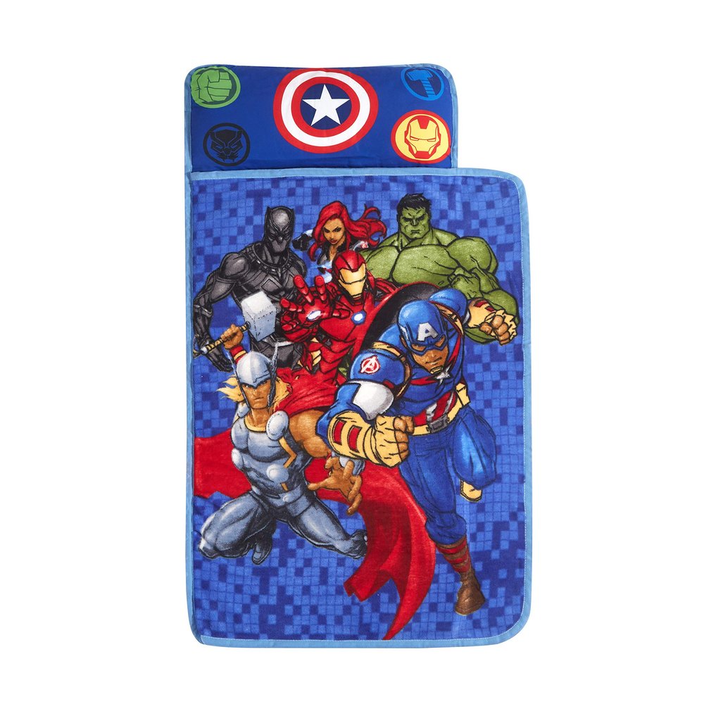 Marvel Avengers Toddler Quilted Nap Mat with Pillow,Super Soft Kids Sleeping Mat, Portable Rollup Design, 26" x 46", Multicolor