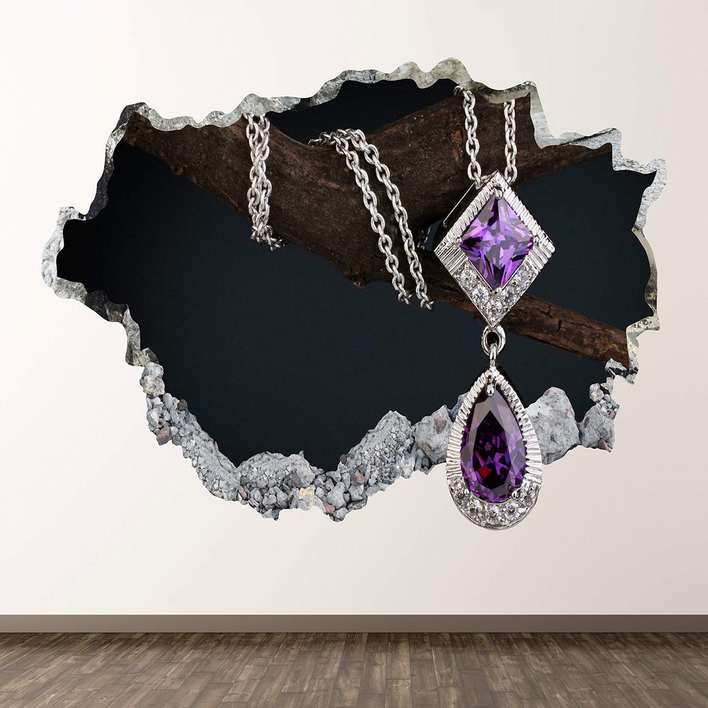 Amethyst Necklace Wall Decal Art Decor 3D Smashed Beautiful Gemstone Sticker Poster Kids Room Mural Custom Gift BL1921 (70"W x 40"H)