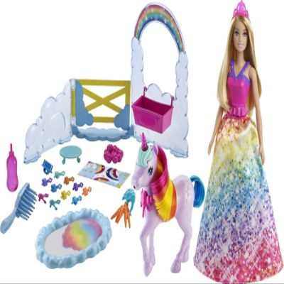 Barbie Dreamtopia Unicorn Pet Playset with Barbie Princess Doll, Unicorn with Color Change Potty Feature & 18 Accessories, Gift for 3 to 7 Year Olds, GTG01