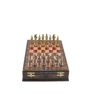 Antique Copper Ottoman Metal Chess Set for Adults,Handmade Pieces and Natural Solid Wooden Chess Board,Pearl Design Around Board and Storage Inside (Gold-Silver)