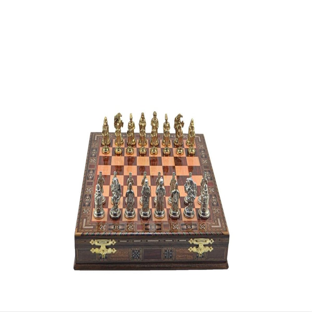 Antique Copper Ottoman Metal Chess Set for Adults,Handmade Pieces and Natural Solid Wooden Chess Board,Pearl Design Around Board and Storage Inside (Gold-Silver)