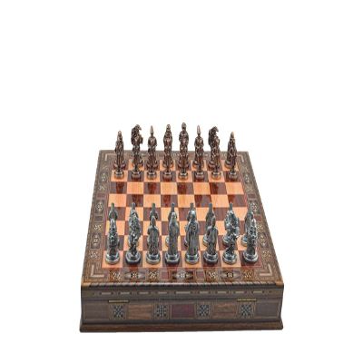 Antique Copper Ottoman Metal Chess Set for Adults,Handmade Pieces and Natural Solid Wooden Chess Board,Pearl Design Around Board and Storage Inside (Antique Copper)
