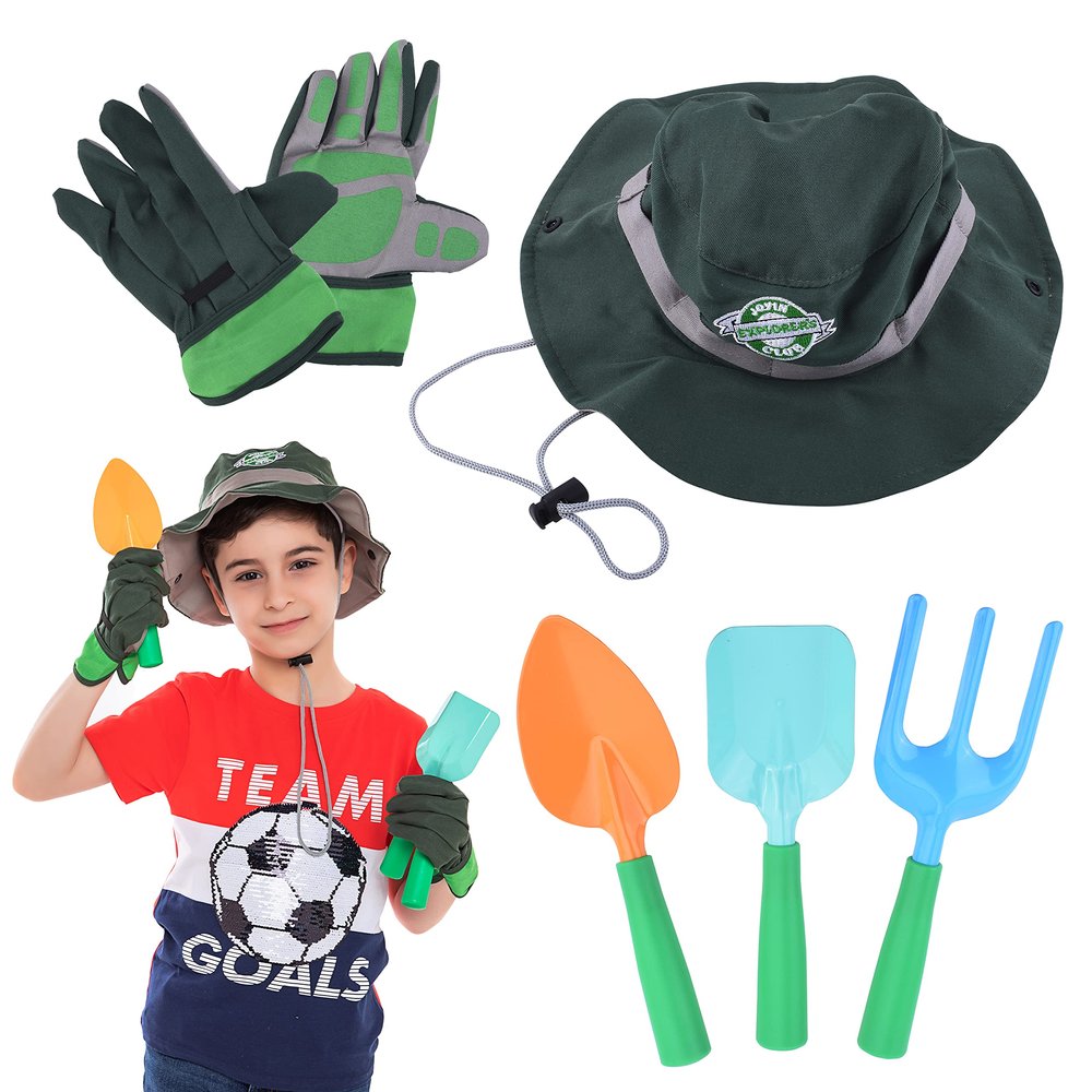 JOYIN 6 PC Kids Gardening Tools, Including Garden Tools Like Gardening Gloves, UV Protection Sun Hat, Shovel, Rake, and Trowel, Kids Backyard Outdoor Toy Play and STEM Learning (Green)