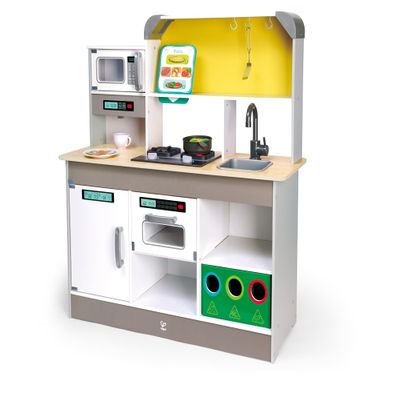 Hape E3177 Deluxe Game Kitchen with Microwave, Coffee Maker, Refrigerator, Oven, Hob with Frying Pan Fun with Many Accessories, from 3 Years, L: 34.9, W: 11.7, H: 35.4 Inch
