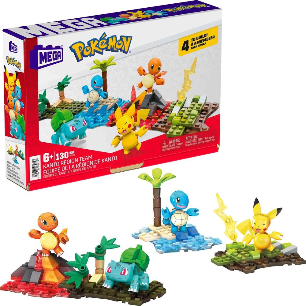 MEGA Pokmon Building Toys Set Kanto Region Team with 130 Pieces, 4 Poseable and Articulated Characters, 2 Inches Tall, for Kids