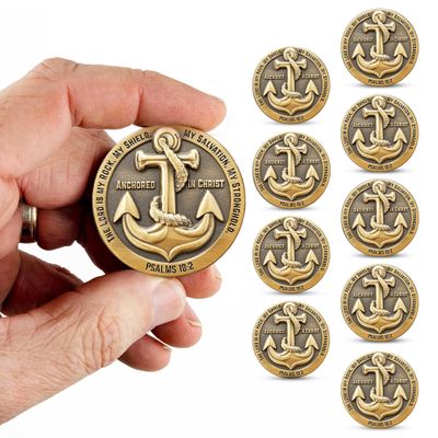10pcs Anchored in Christ Prayer Coin, Jeremiah 29:11 The Lord is My Rock - 1.75" Antique Gold Plated Christian Challenge Coin - Motivational Bible Verse Gifts - Graduation Coins for Encouragement