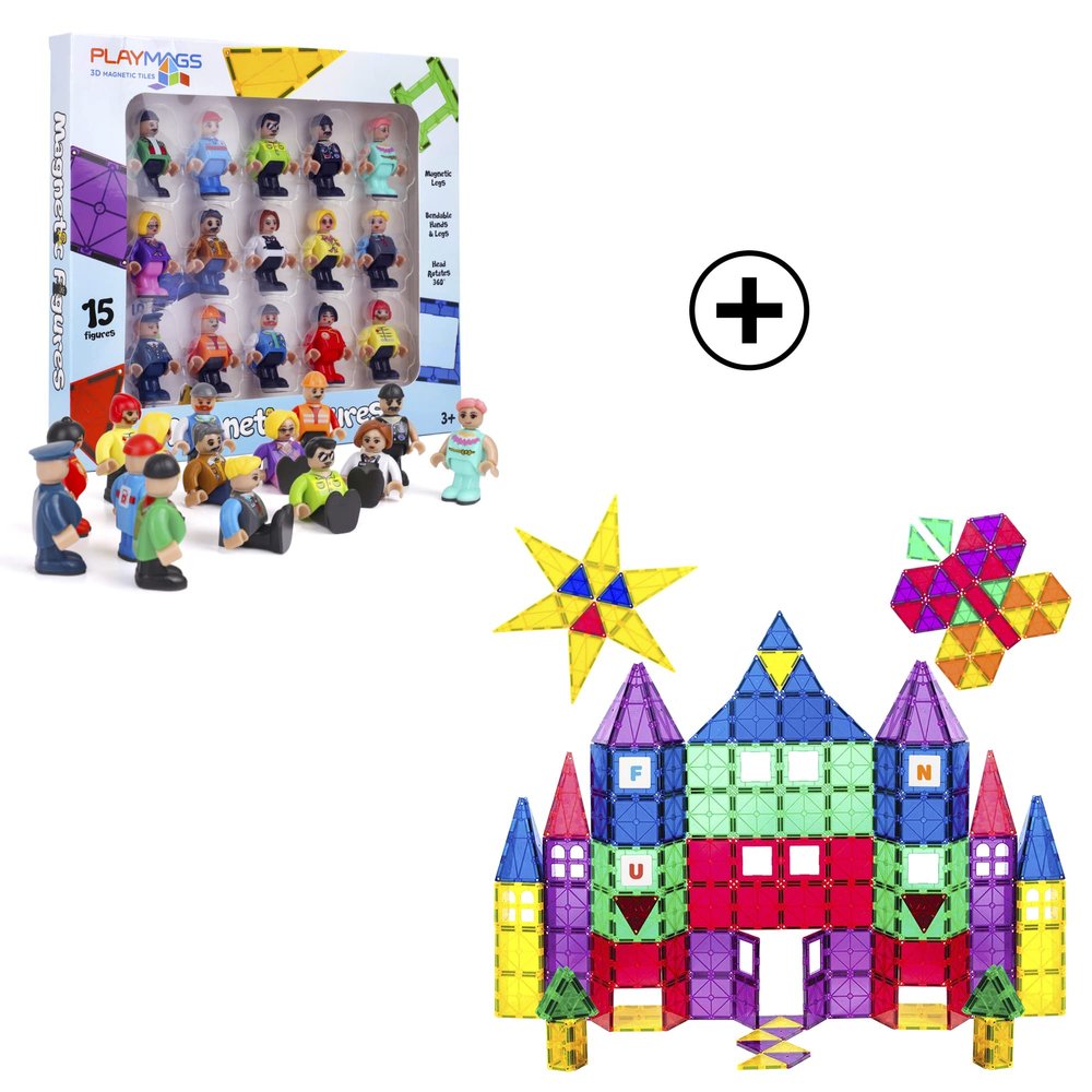 Playmags 100-Piece Magnetic Tiles Building Blocks Set & Playmags Magnetic Figures-Community Figures Set of 15 Pieces Bundle