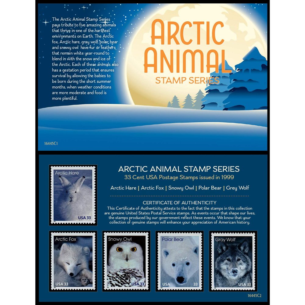 American Coin Treasures Arctic Animal United States Postage Stamp Series, 5 Mint State 33 Cent Stamps, Portfolio