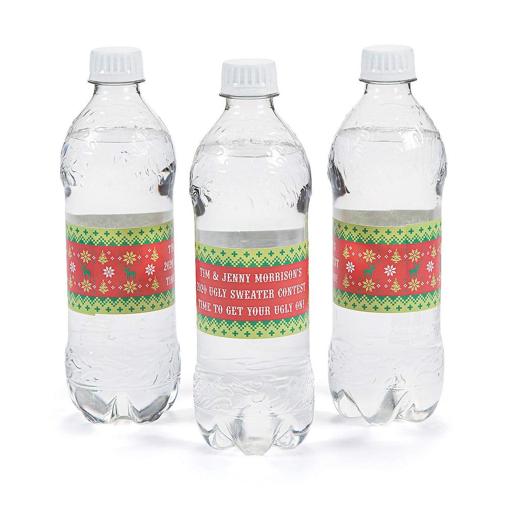 Personalized Ugly Sweater Water Bottle Vinyl Labels - Party Supplies - 50 Pieces