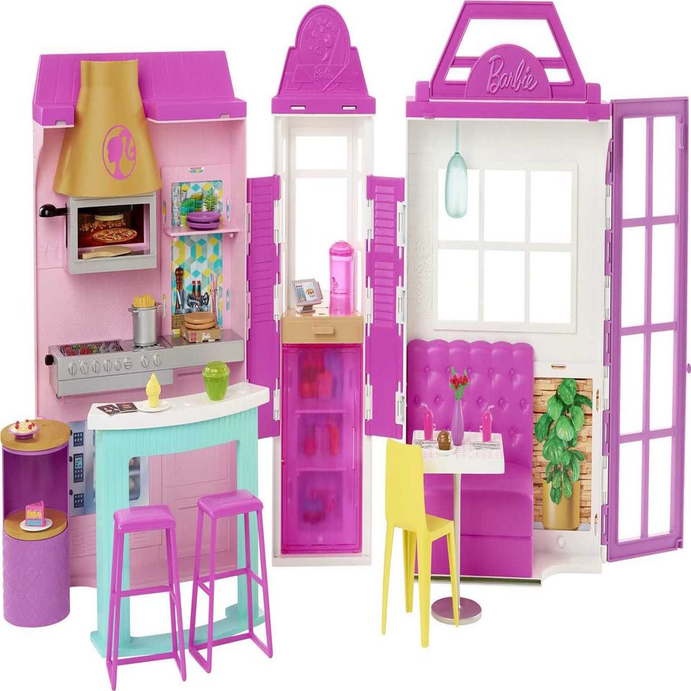 Barbie Cook n Grill Restaurant Playset with 30+ Pieces & 6 Play Areas Including Kitchen, Pizza Oven, Grill & Dining Booth, Gift for 3 to 7 Year Olds