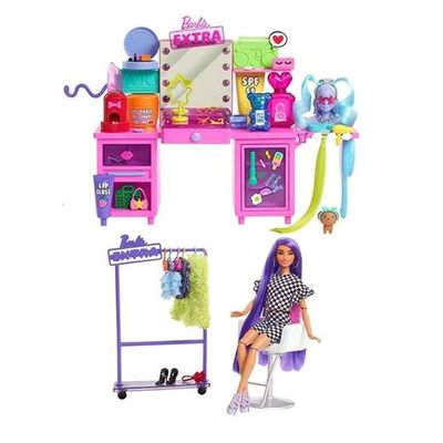 Barbie Extra Doll & Vanity Playset with Exclusive Doll, Pet Puppy, 45+ Pieces Including Clothes & Accessories, Toy Gift for Kids 3Y+, GYJ70