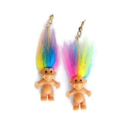 Rainbow Hair Troll Earrings - Good Luck Troll Doll 1"