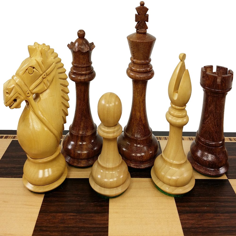 4 Queens - 4" King Staunton Wood Giant Bridled Knight Acacia and Boxwood Chess Men Set - NO Board