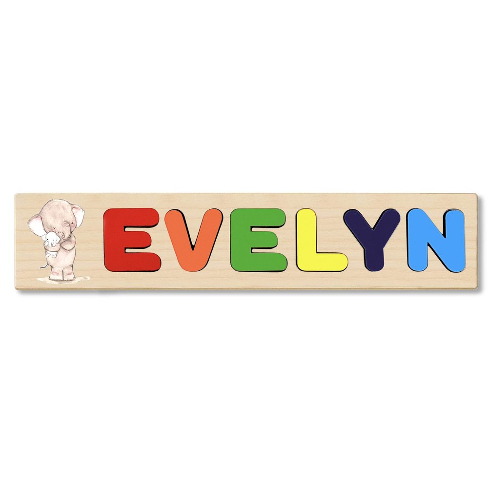 Wooden Name Puzzle Personalized Engraved Text Greetings on Back Puzzle Real Custom Print Baby Elephant Holding Stuffed Elephant Theme