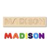 Wooden Name Puzzle Personalized Engraved Text Greetings on Back Puzzle Real Custom Print Baby Elephant Holding Stuffed Elephant Theme view 3
