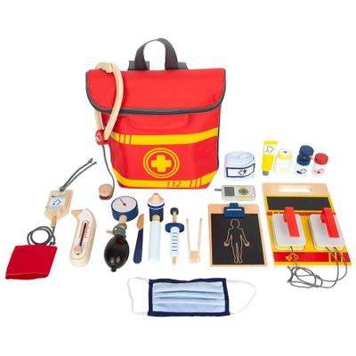 Small Foot- Wooden Emergency Doctors Kit Backpack- 17 Piece First Aid Playset Includes Stethoscope, Blood Pressure Gauge, Radio, Clipboard,and Vial for Kids- Role Play for Boys and Girls Ages 3+
