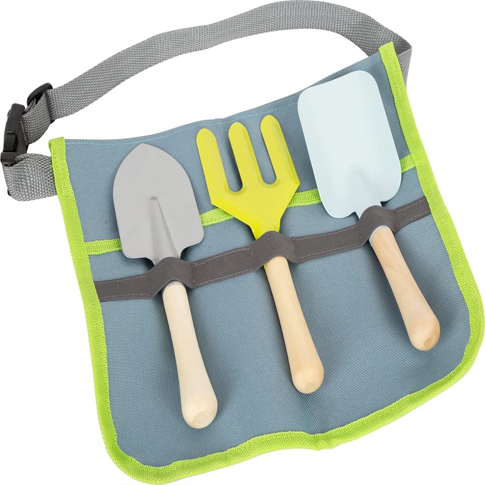 Gardening Toolbelt by Small Foot  4 Piece Kids Set Includes Adjustable Belt, Shovel, Rake & Spade  Sturdy Metal Heads and Wooden Handles - Develops Motor Skills & Creative Play  Ages 3+ Years